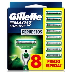 Rastrillo Gillette Mach3 Sensitive 8 Repuestos con Aloe, Piel Sensible