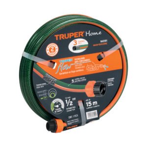 MANGUERA 1/2″ REFORZADA 3 CAPAS 15 M CONEXIONES PLASTICAS, TRUPER