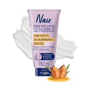 Nair Crema Depiladora Corporal Piel Sensible 150 ml Probada por Dermatólogos con Ingredientes Naturales: Aceite de Almendras Dulces, Piel Suave y Tersa