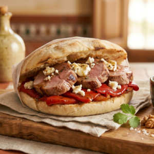 Mollete de Solomillo de Cerdo Duroc con Pimientos del Piquillo y Queso de Cabra