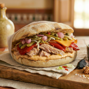 Mollete Gourmet de Ventresca de Atún con Piquillo, Cheddar Ahumado y Pickles