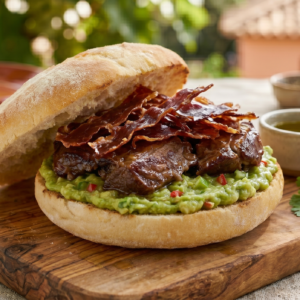 Mollete de Carrillera Ibérica con Puré de Aguacate y Jamón Crujiente
