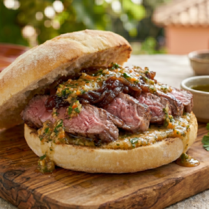 Mollete de Presa Ibérica con Cebolla Caramelizada y Salsa Gaucha-Jalapeño