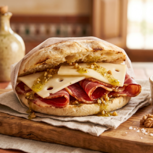 Mollete de Lomo Ibérico Curado con Emmental y Aceite de Nueces