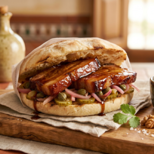 Mollete de Panceta de Cerdo Duroc Glaseada con Salsa de Soja y Pickles