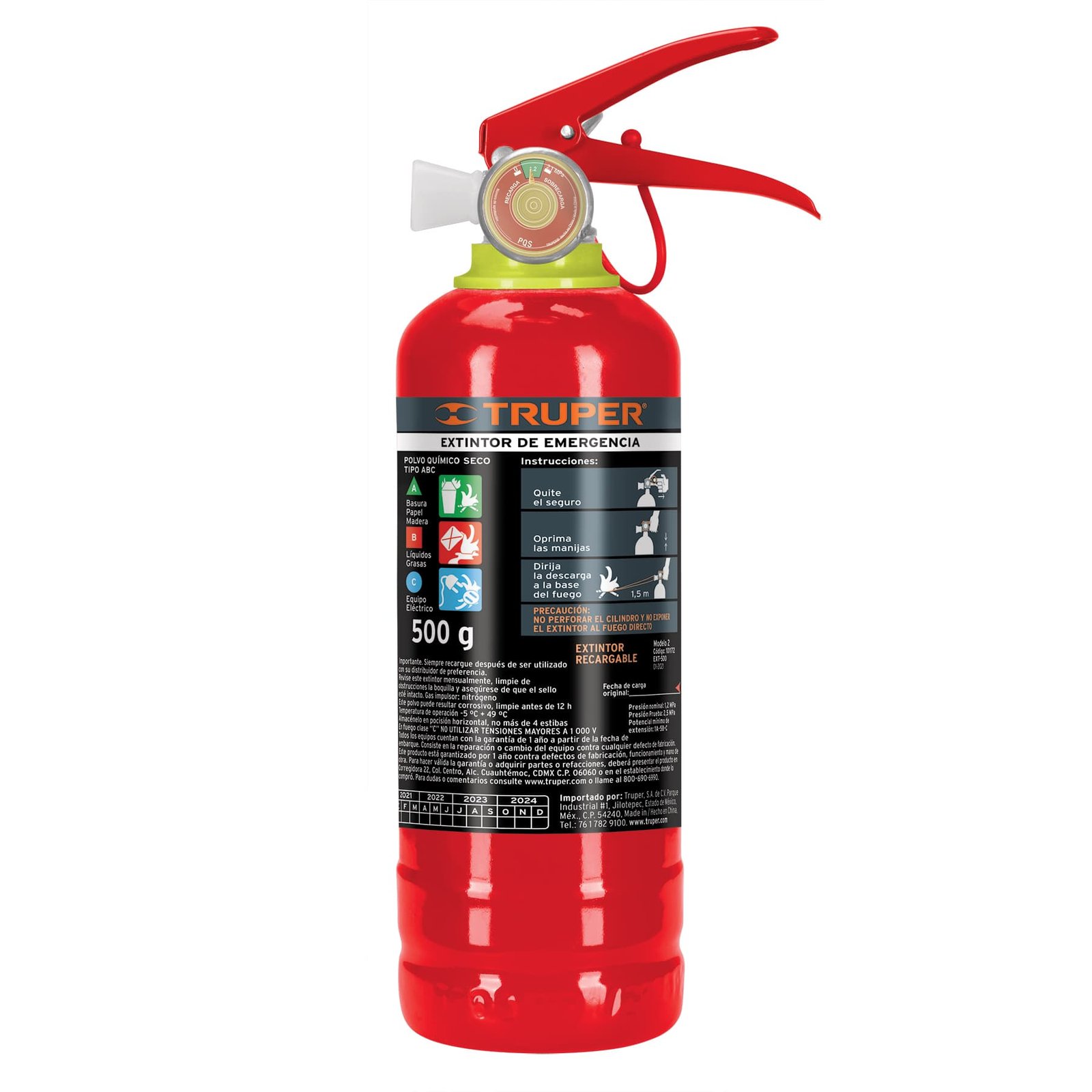 EXTINTOR RECARGABLE PORTÁTIL 0.5 KG, POLVO TIPO AB (Truper)