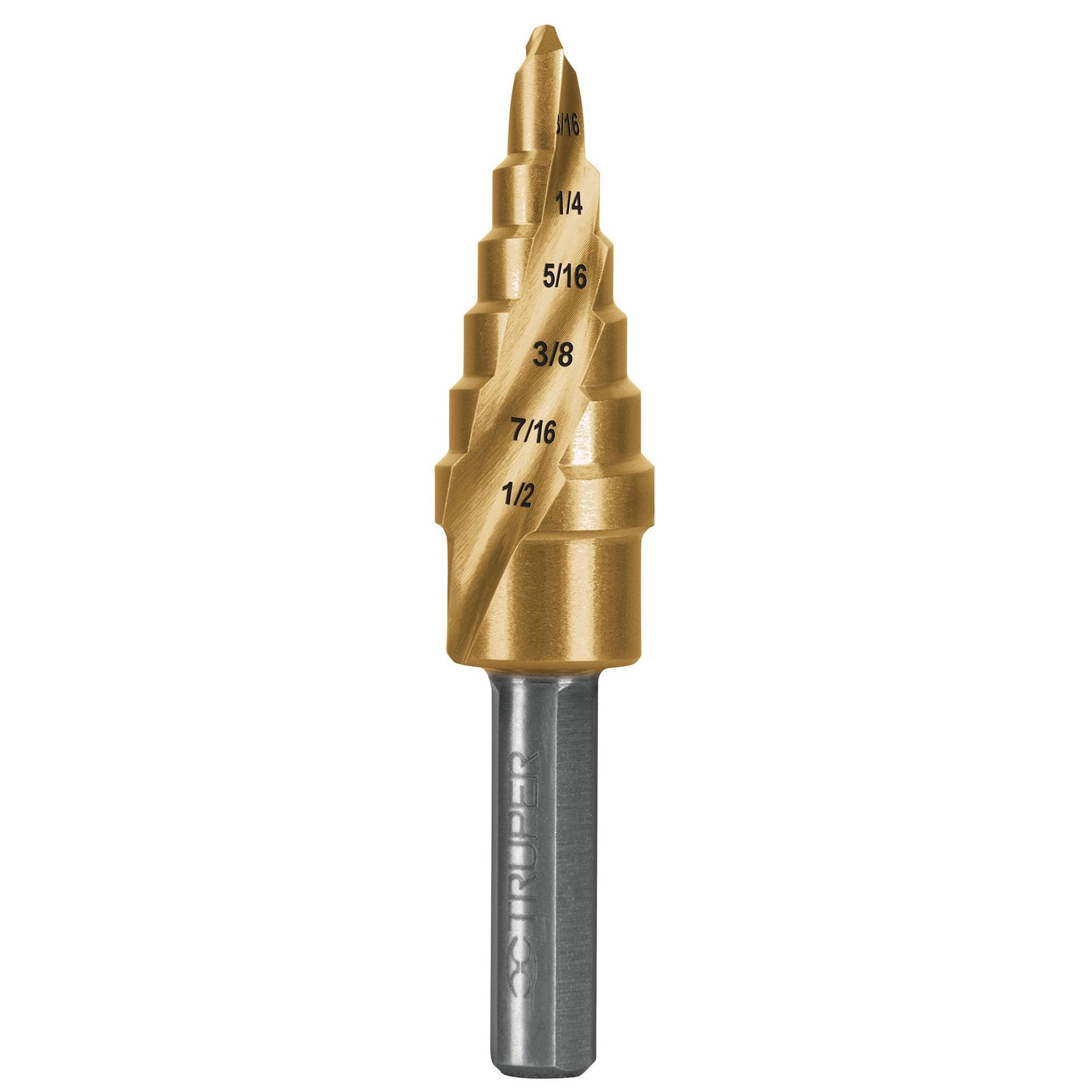 BROCA ESCALONADA TITANIO 6 ESCALONES 3/16′ A 1/2′, (Truper)