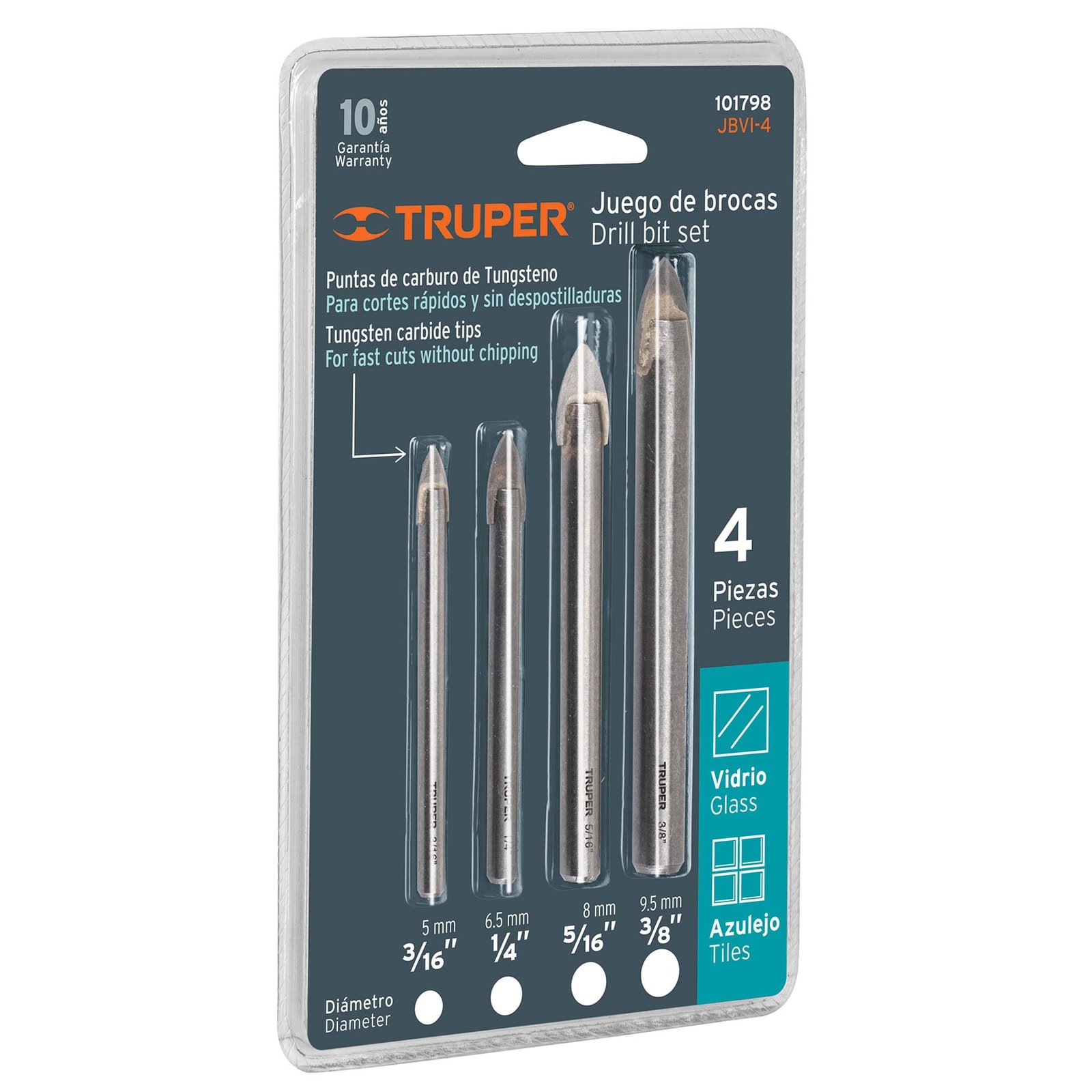 JUEGO DE BROCAS PARA VIDRIO Y AZULEJO, 4 PIEZAS (Truper)