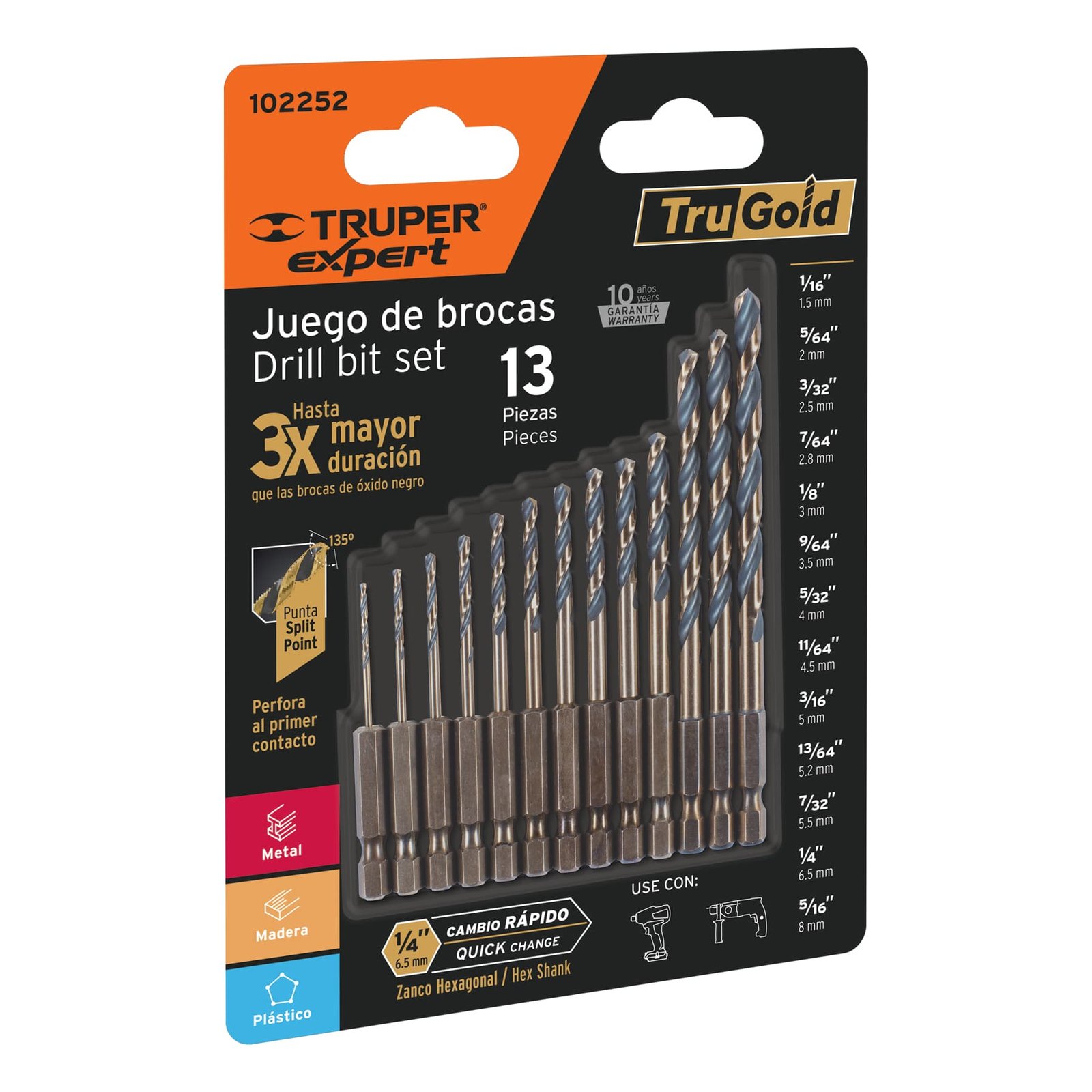 JUEGO DE 13 BROCAS HSS P/METAL ZANCO CAMBIO RÁPIDO (Truper)