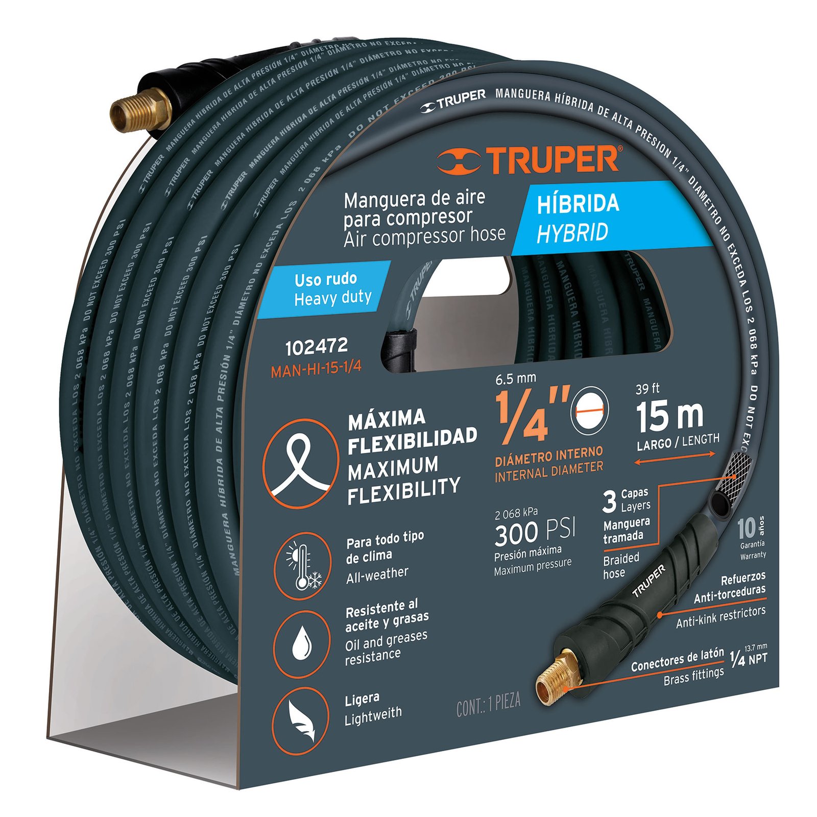 MANGUERA HÍBRIDA PARA COMPRESOR, 15 M X 1/4′, TRUP (Truper)