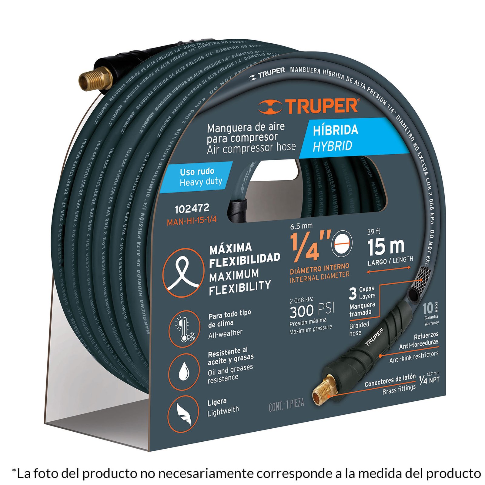 MANGUERA HÍBRIDA PARA COMPRESOR, 15 M X 3/8′, TRUP (Truper)