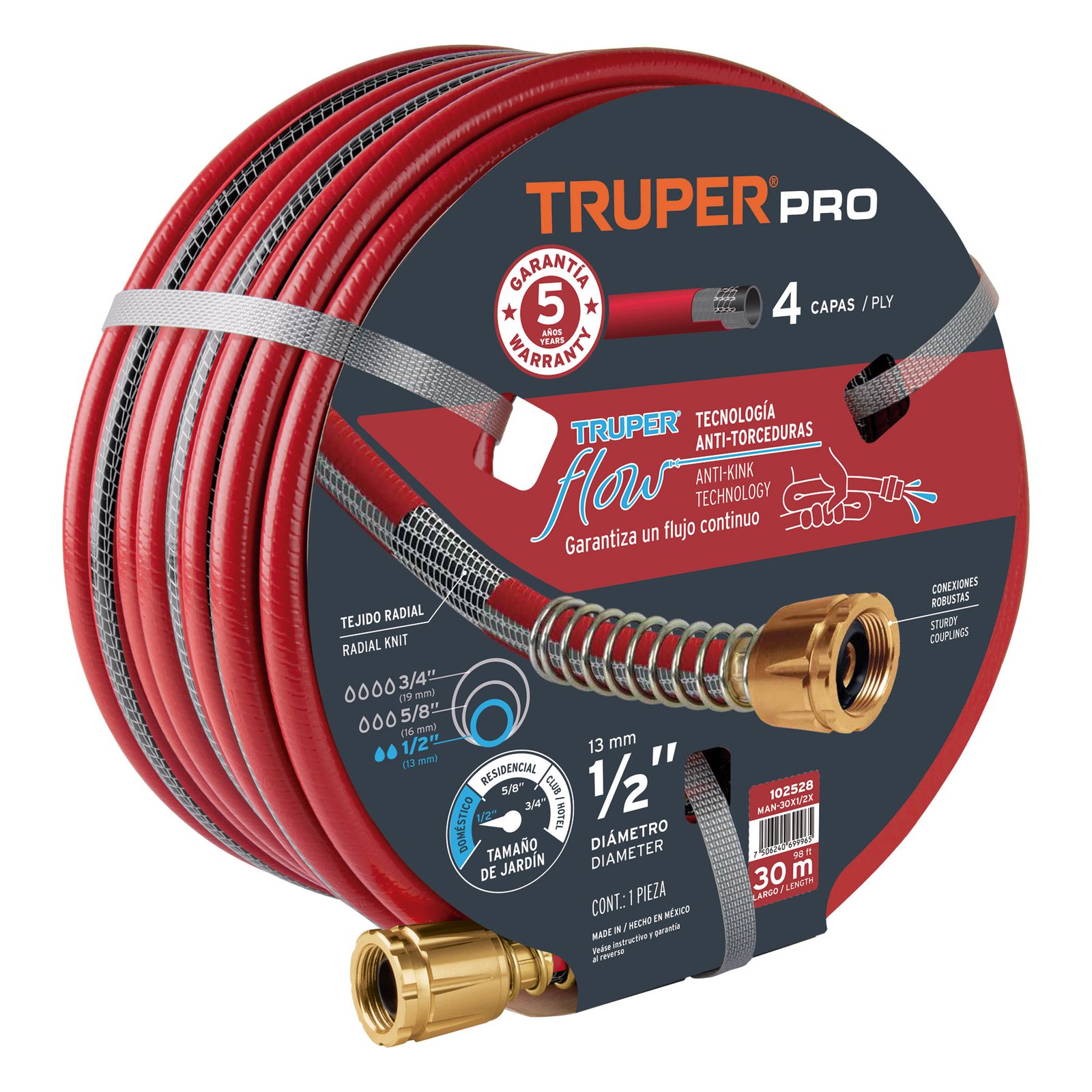 MANGUERA 1/2′ SUPER REFORZADA 4 CAPAS 30 M CONEXIO (Truper)