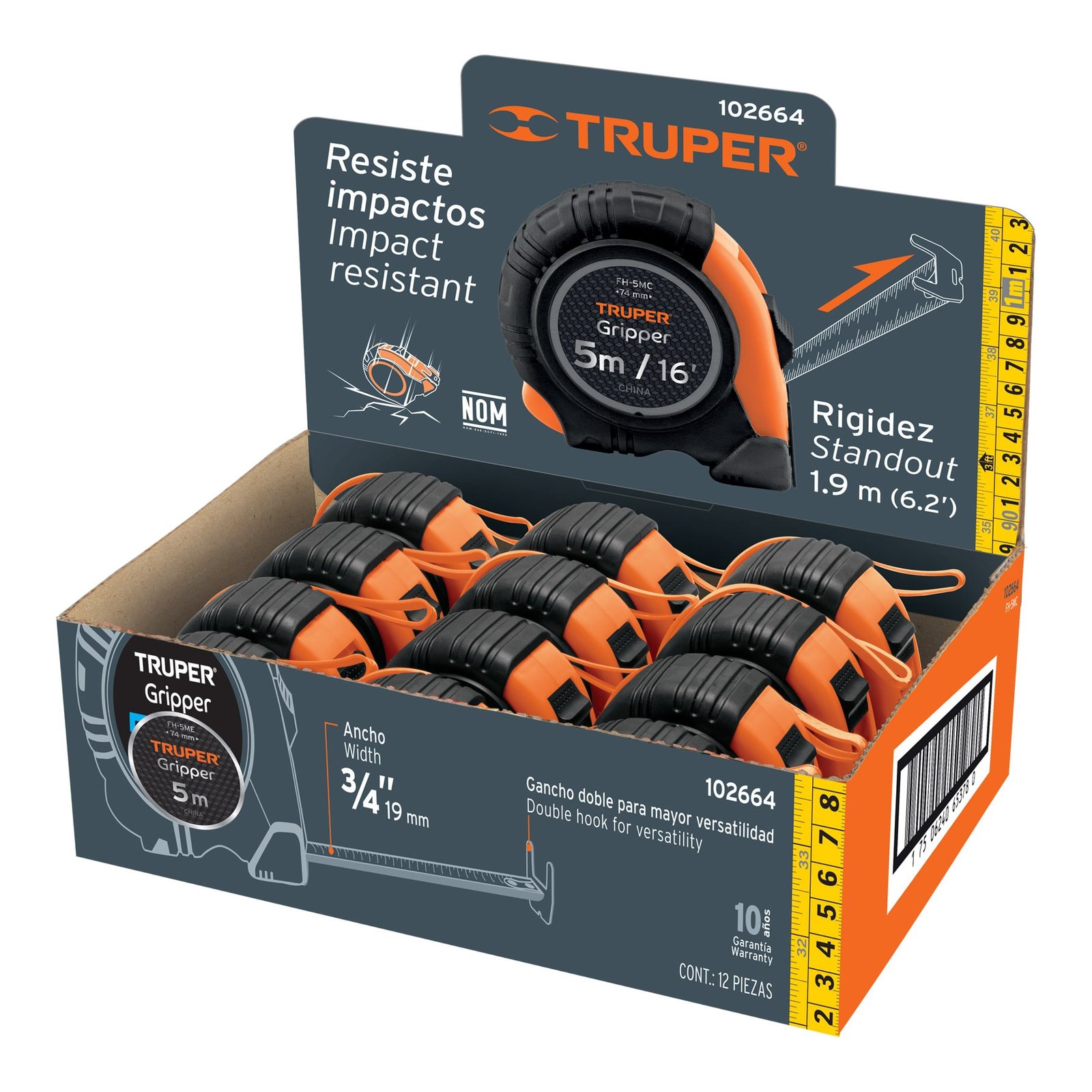 FLEXÓMETRO GRIPPER 5.5M CINTA 25MM DISPLAY BOX CON (Truper)