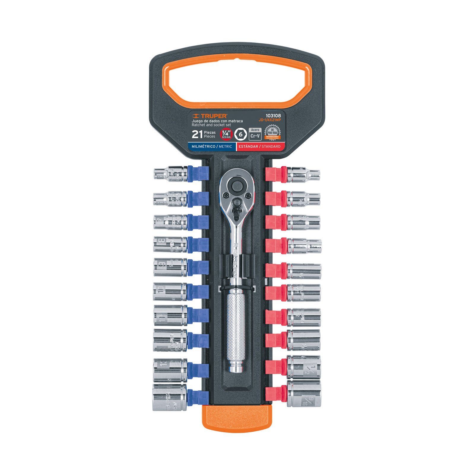 JUEGO DE DADOS MM Y STD CON MATRACA, CUADRO 1/4′, (Truper)