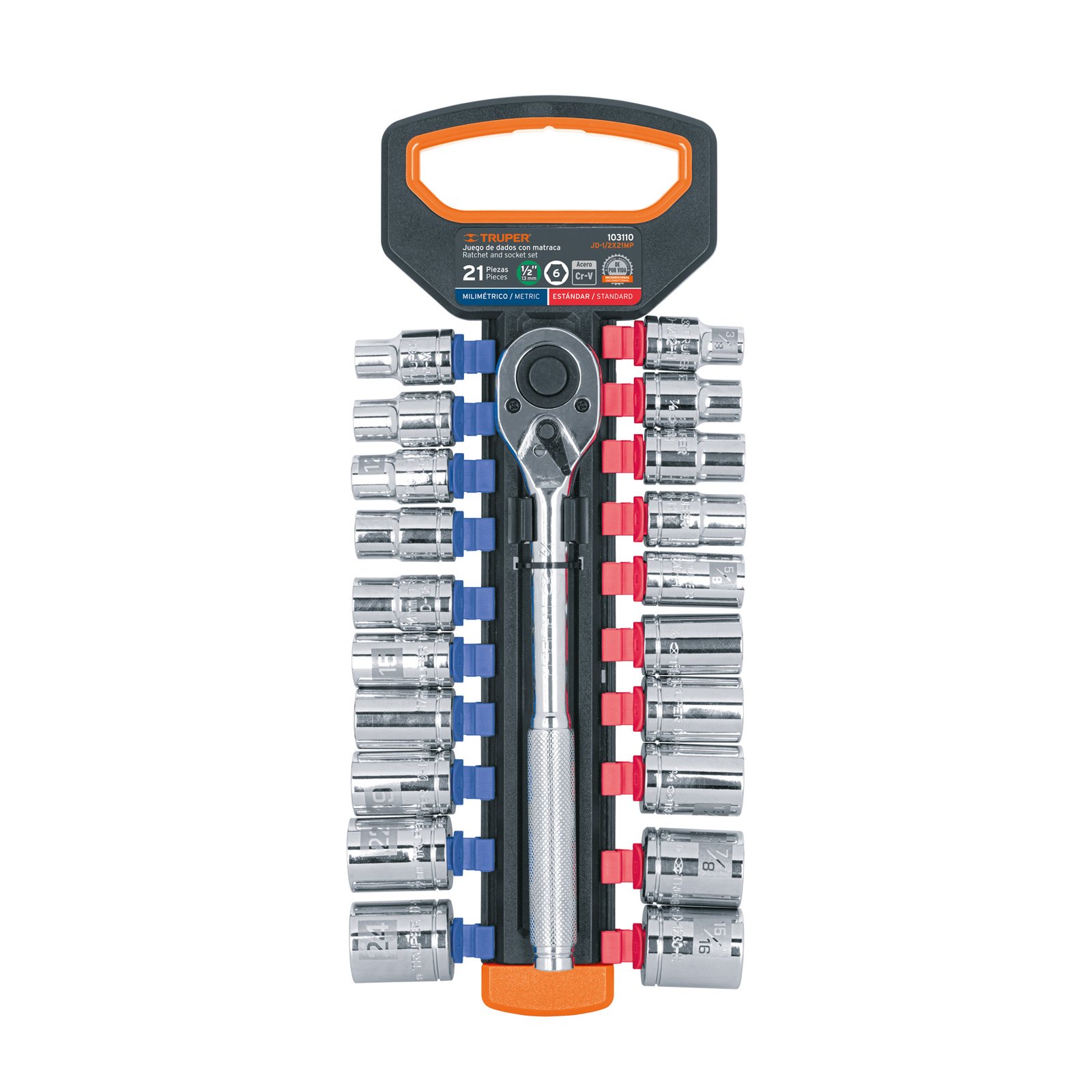 JUEGO DE DADOS MM Y STD CON MATRACA, CUADRO 1/2′, (Truper)