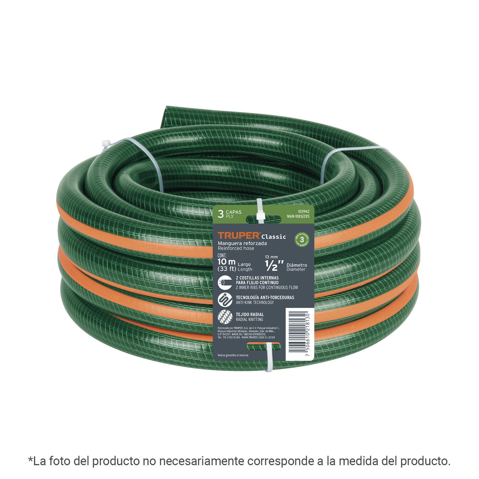 MANGUERA DE JARDÍN 5/8′, 3 CAPAS, 3M, SIN CONEXION (Truper)