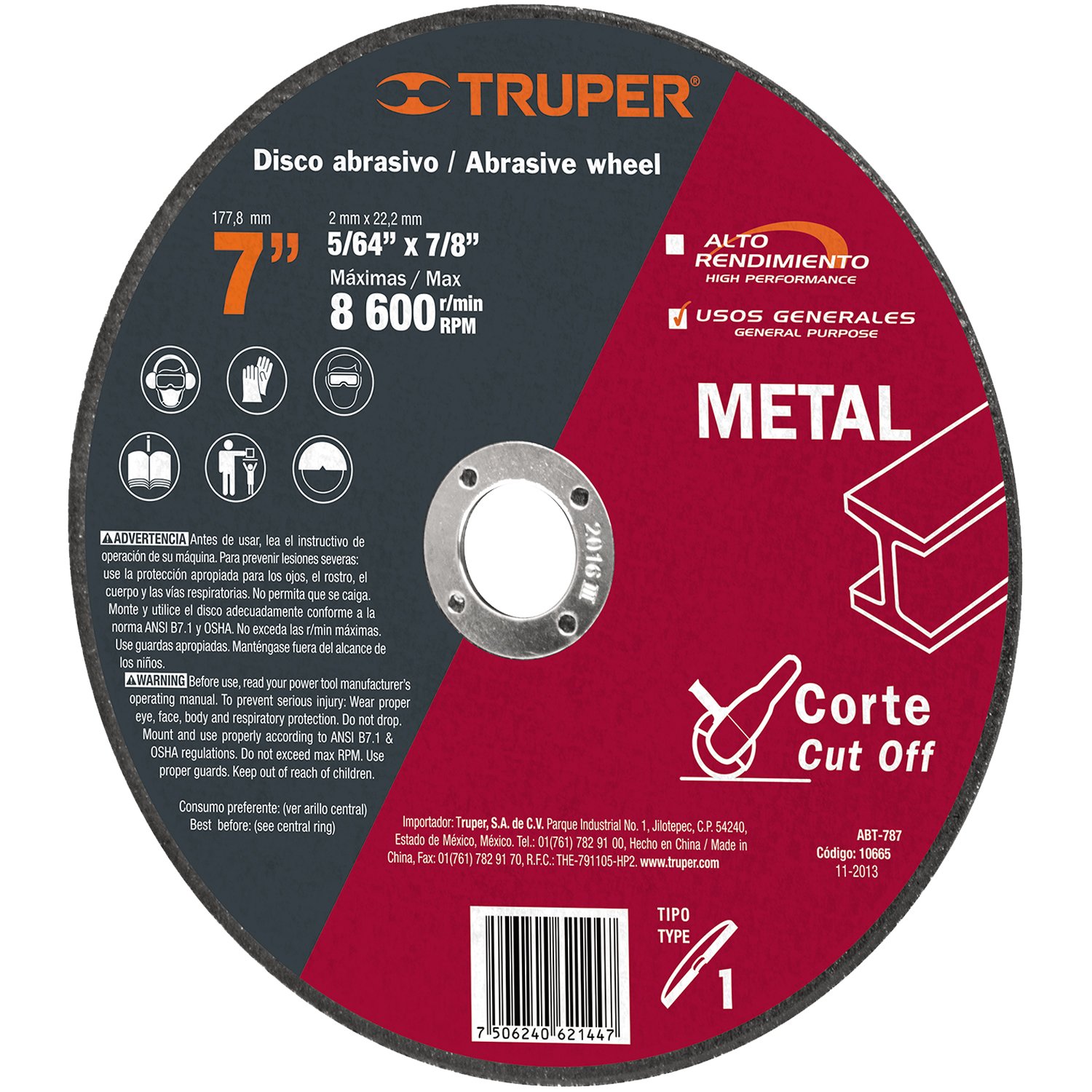 DISCO PARA CORTE DE METAL, TIPO 1, DIÁMETRO 7? (Truper)