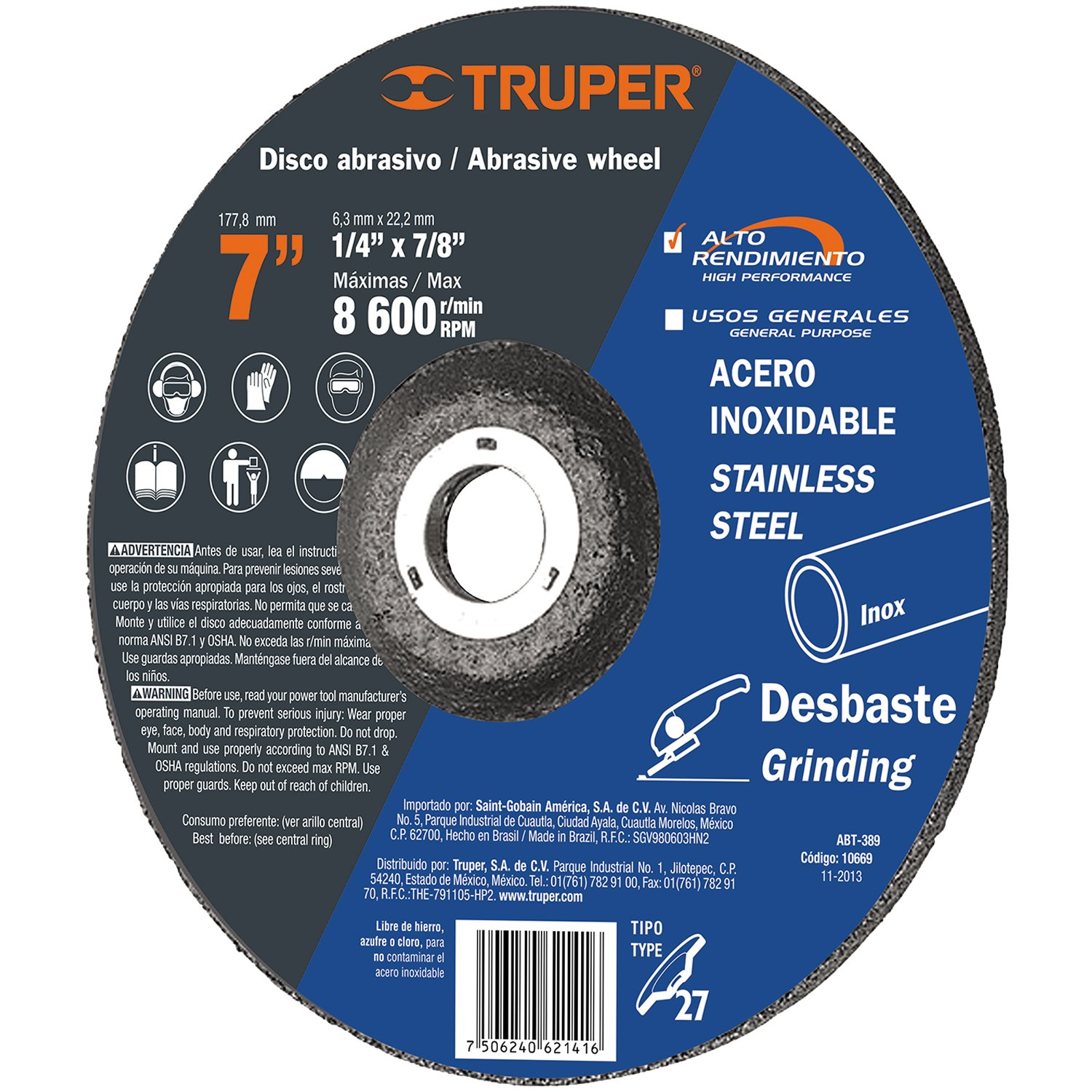 DISCO PARA DESBASTE DE ACERO INOXIDABLE, TIPO 27, (Truper)