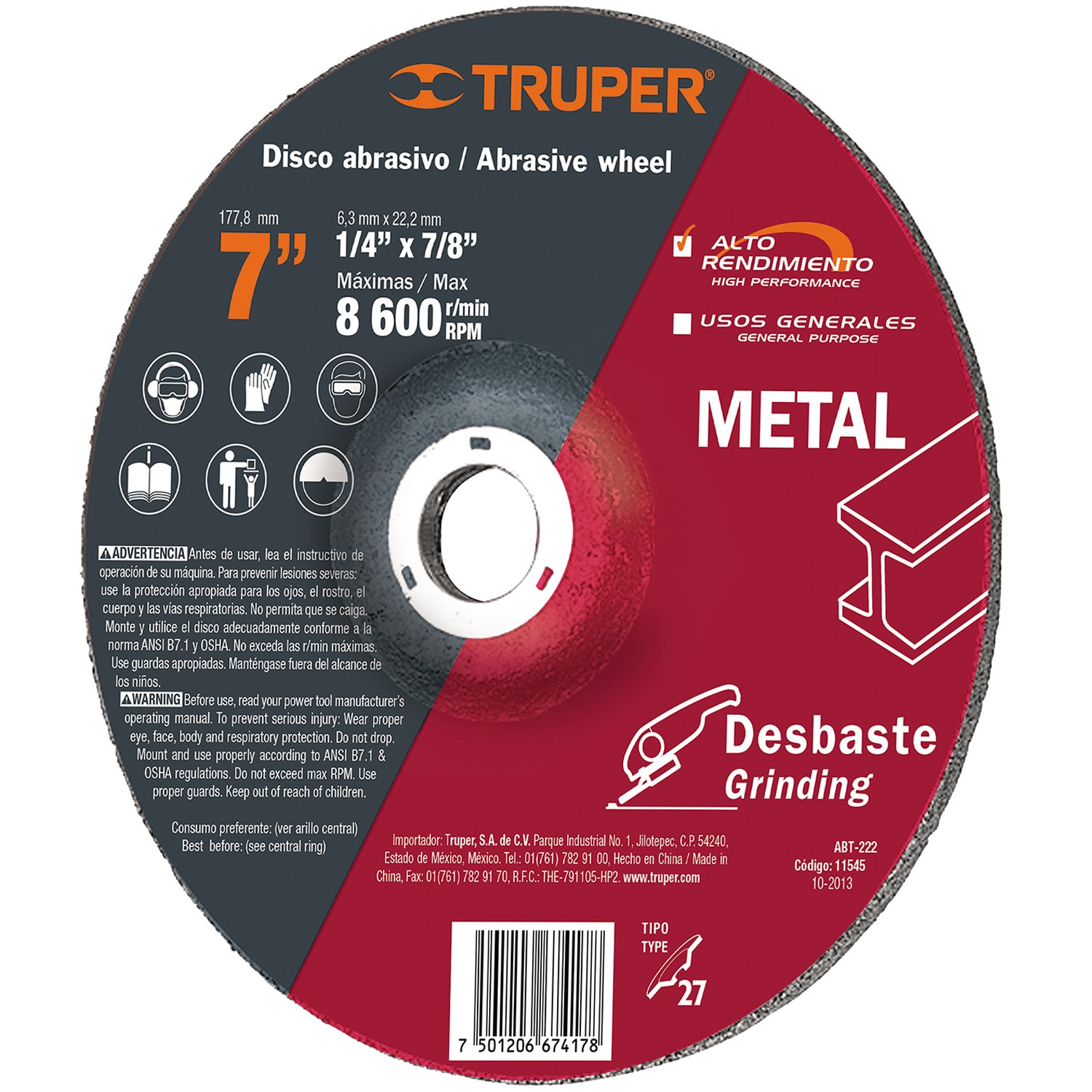 DISCO ABRASIVO P/DESBASTE 7′ X 1/4′ (Truper)