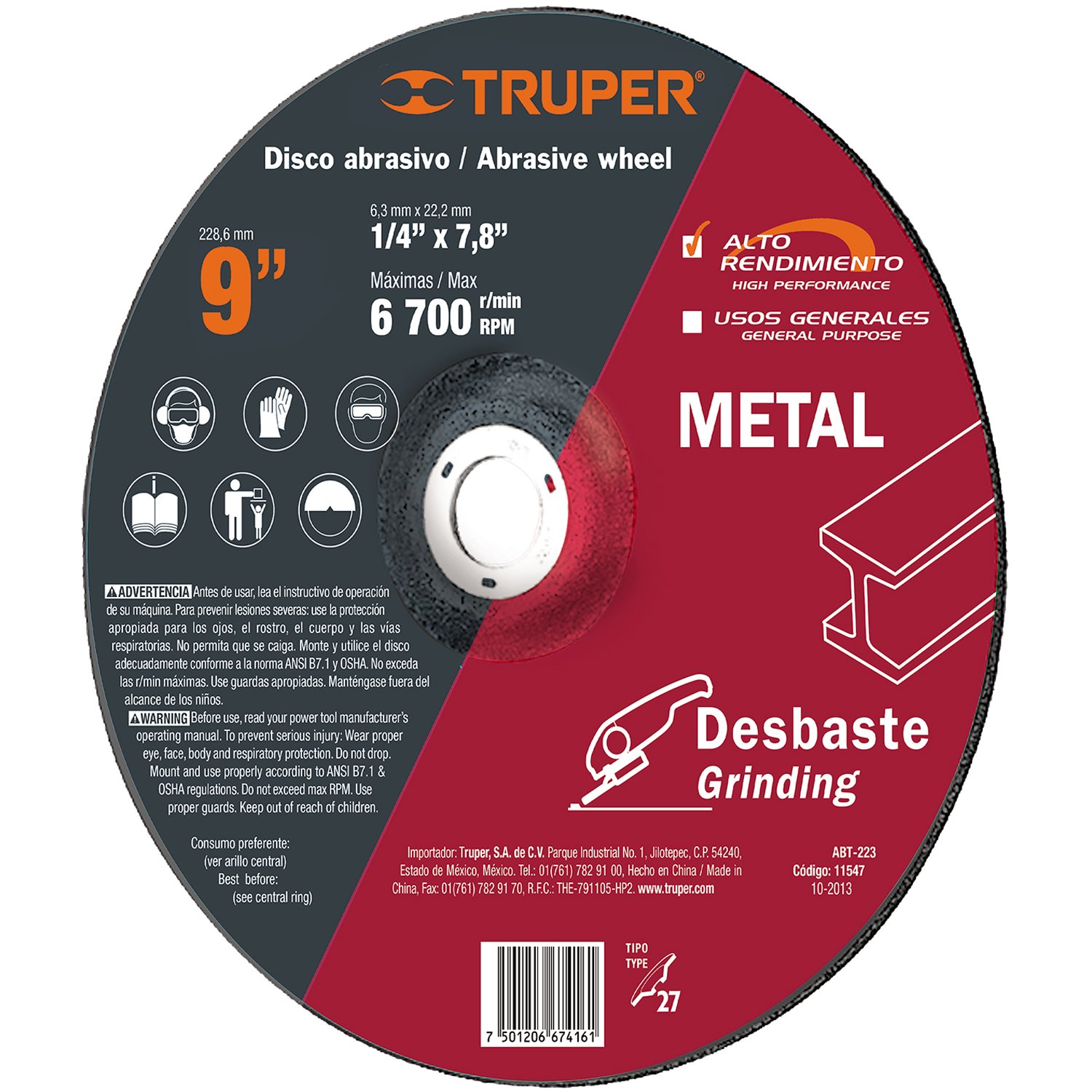 DISCO ABRASIVO P/DESBASTE 9′ X 1/4′ (Truper)