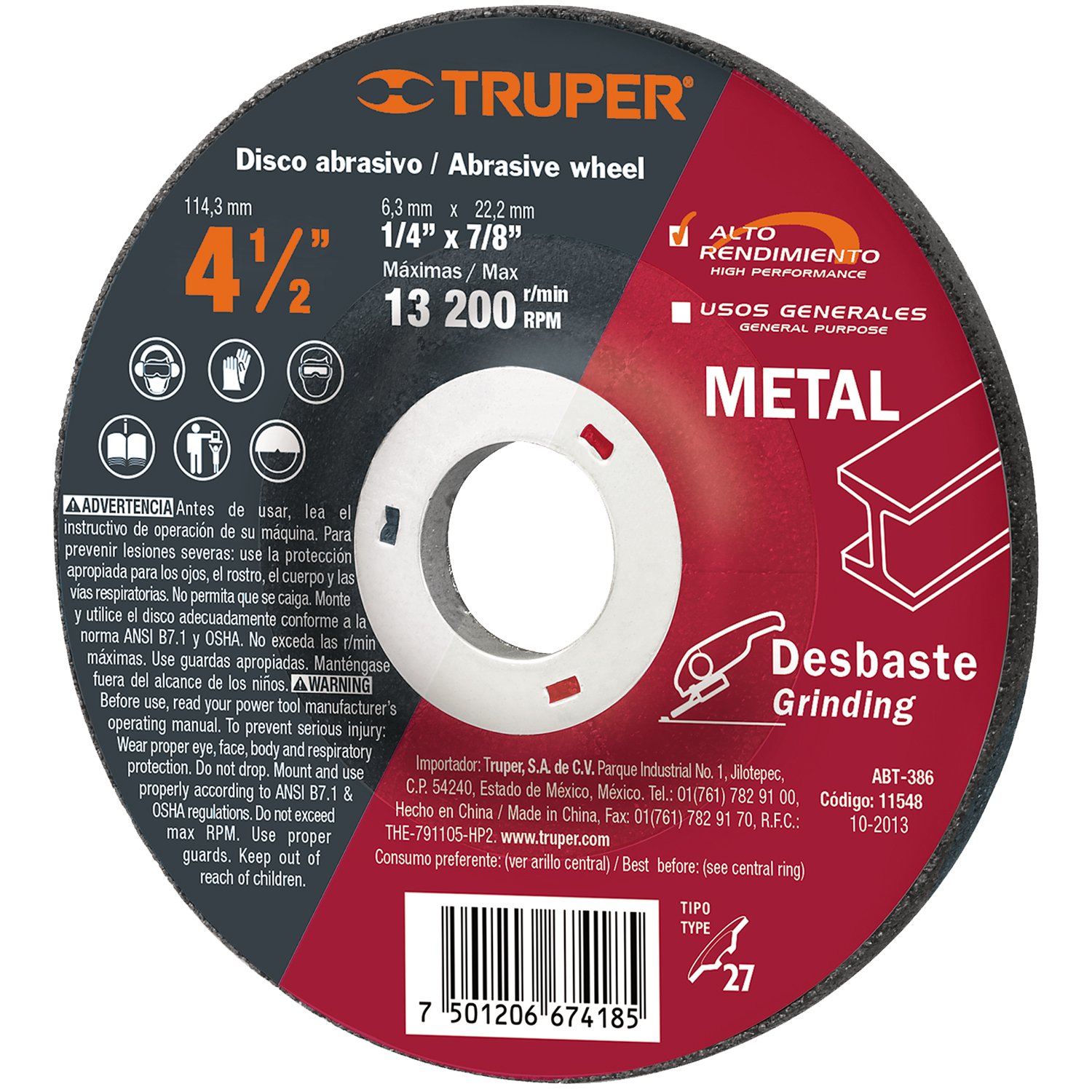 DISCO ABRASIVO P/DESBASTE 4-1/2′ X 1/4′ (Truper)