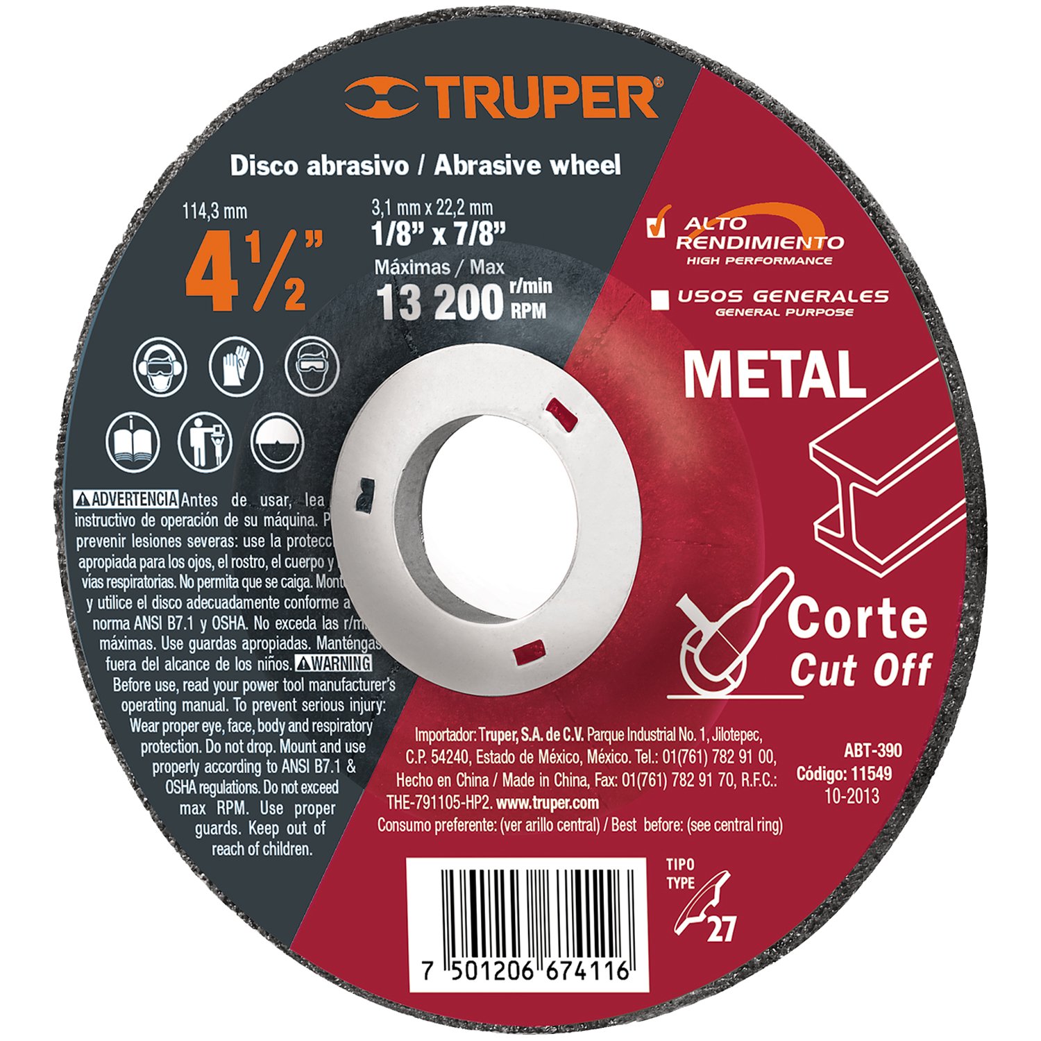 DISCO ABRASIVO P/CORTE METAL 4«’ X 1/8′ (Truper)