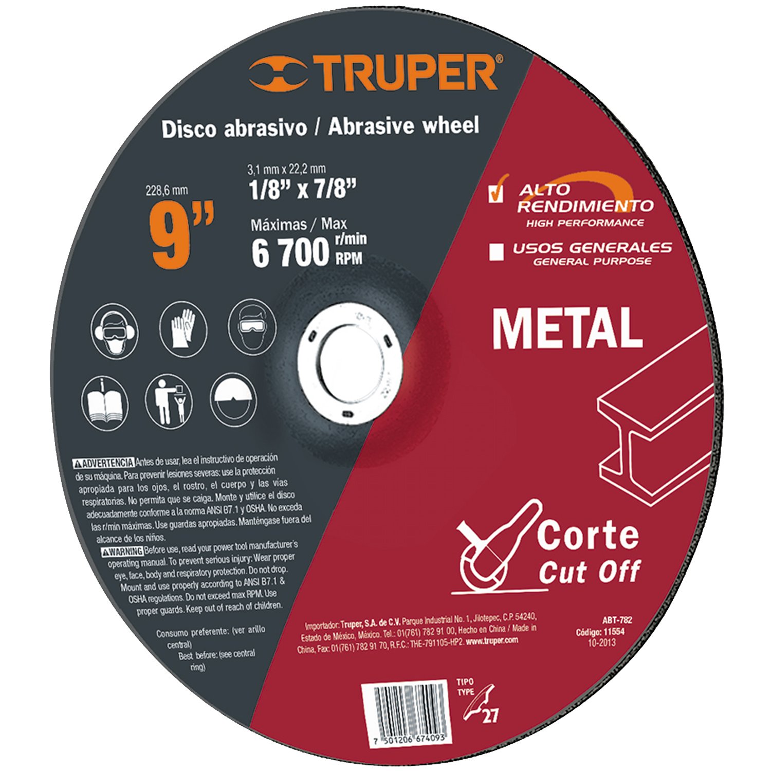 DISCO ABRASIVO P/CORTE METAL 9′ X 1/8′ (Truper)