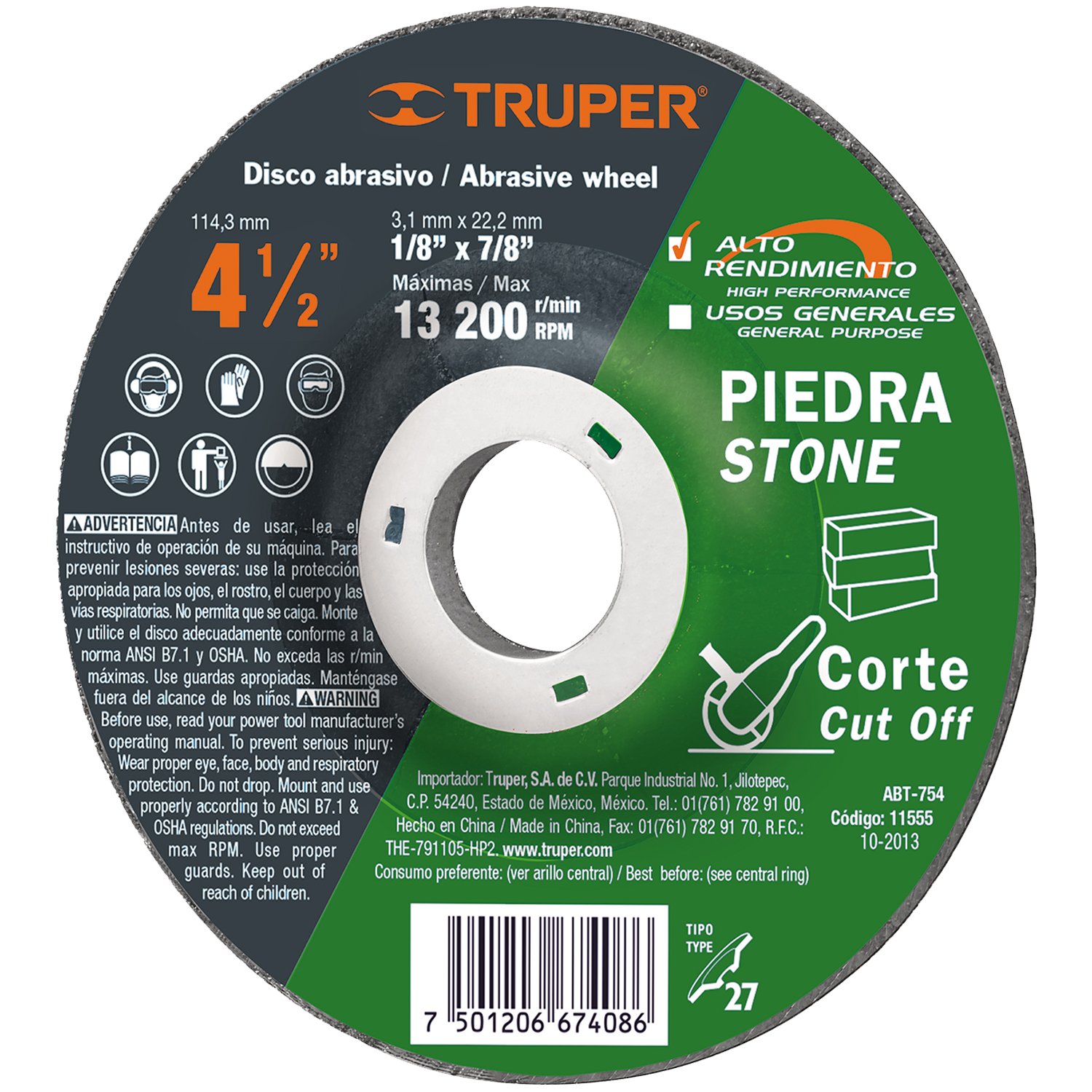 DISCO ABRASIVO P/CORTE PIEDRA 4 1/2X1/8 (Truper)