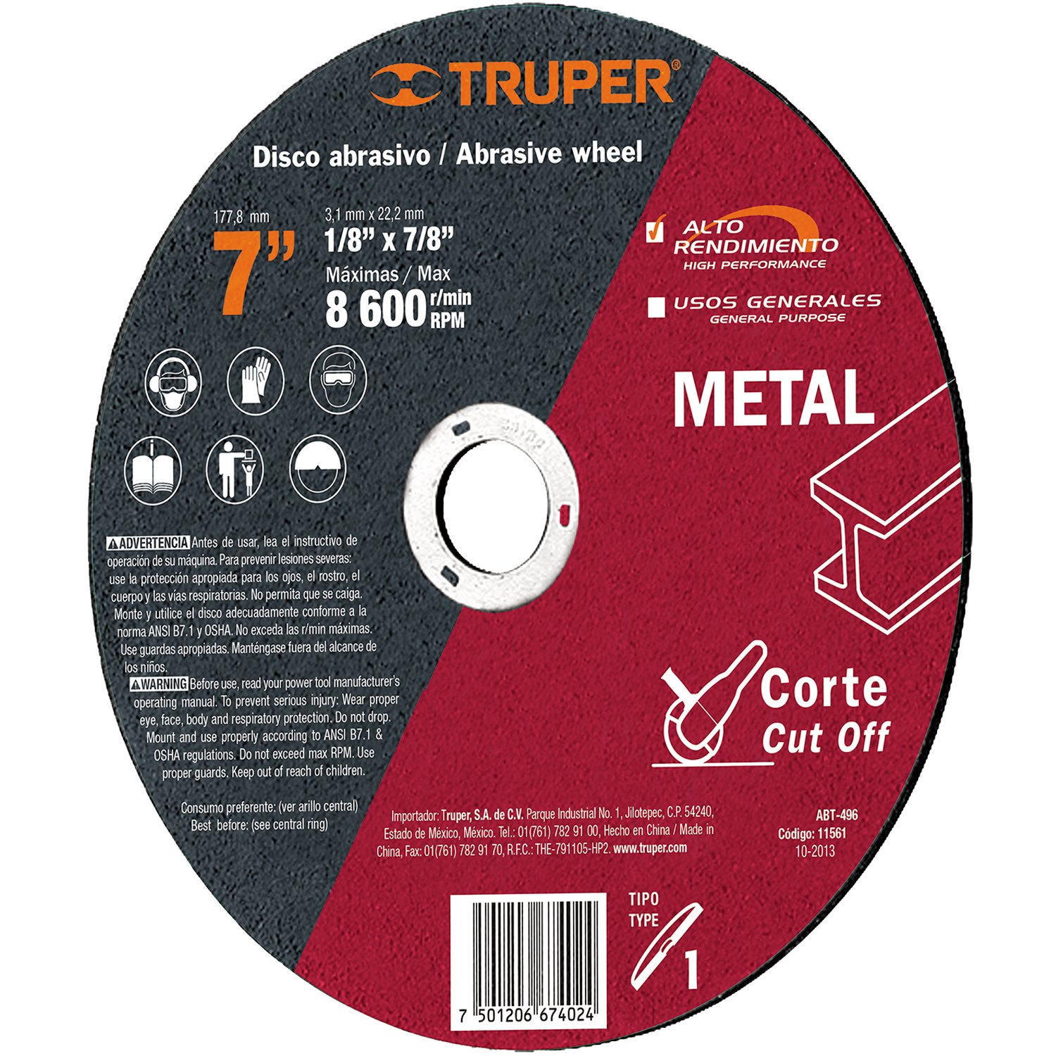 DISCO ABRASIVO P/CORTE METAL 7′ X 1/8′ (Truper)