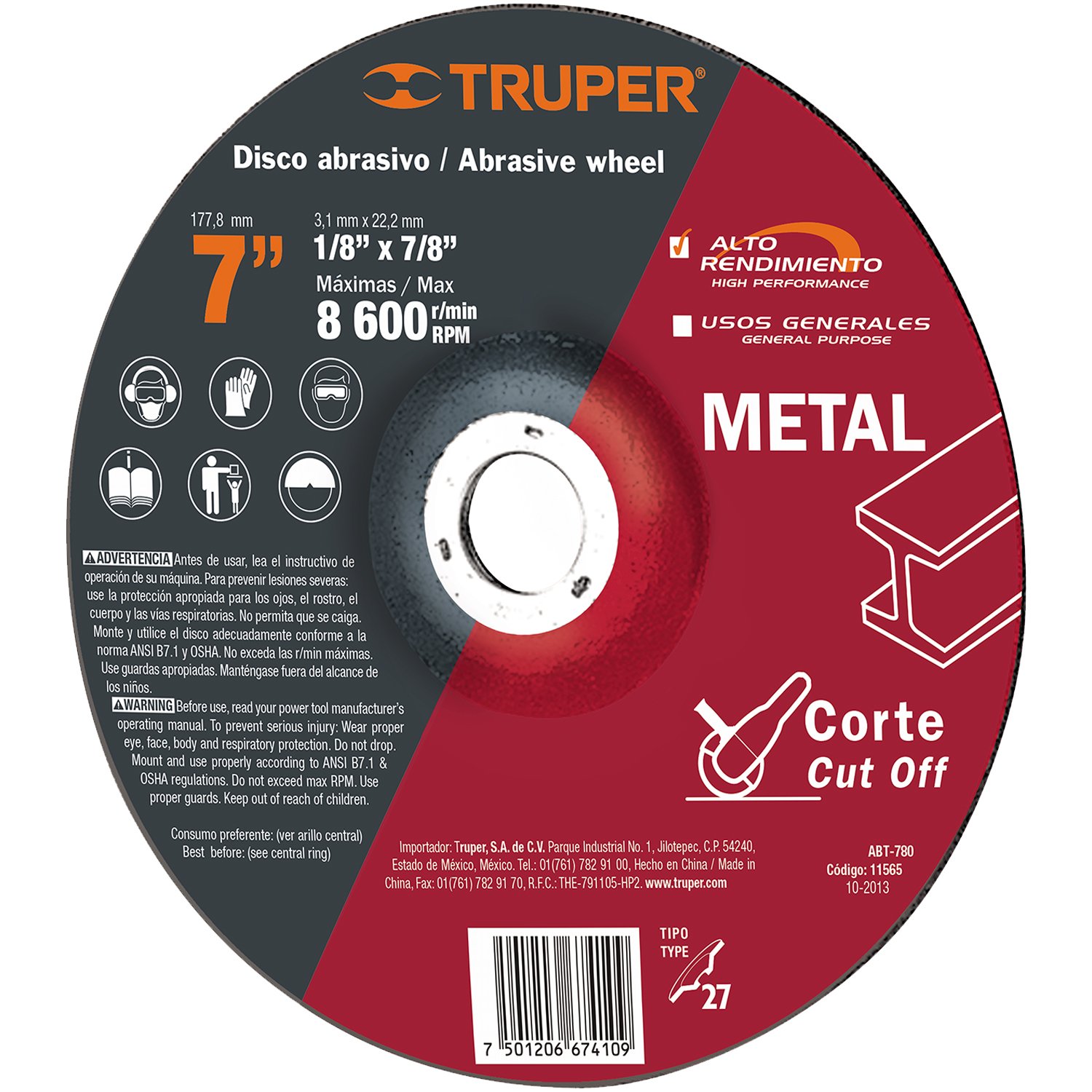 DISCO ABRASIVO P/CORTE METAL 7′ X 1/8’* (Truper)