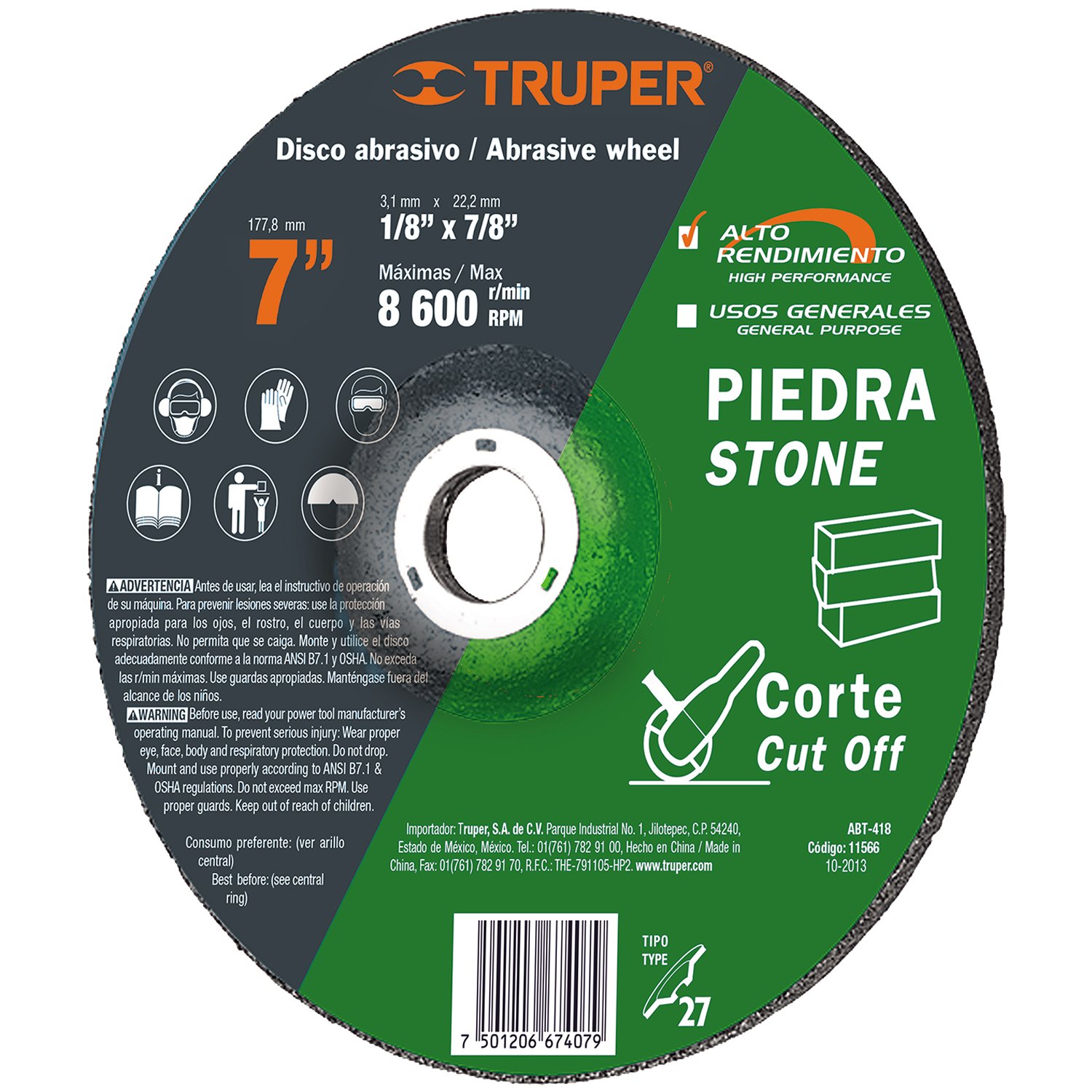 DISCO ABRASIVO P/CORTE PIEDRA 7′ X 1/8′ (Truper)