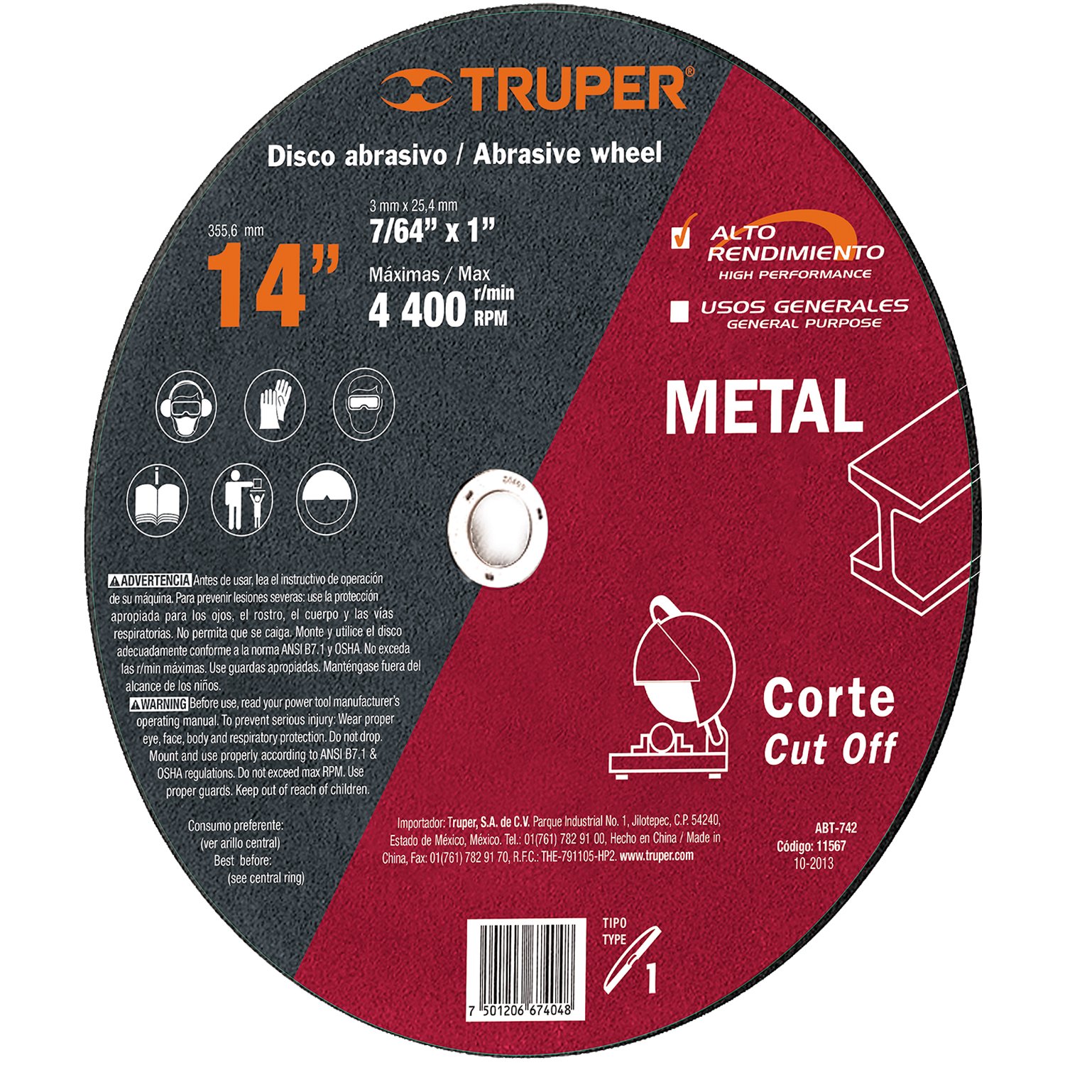 DISCO ABRASIVO P/CORTE METAL 14′ X 7/64’* (Truper)