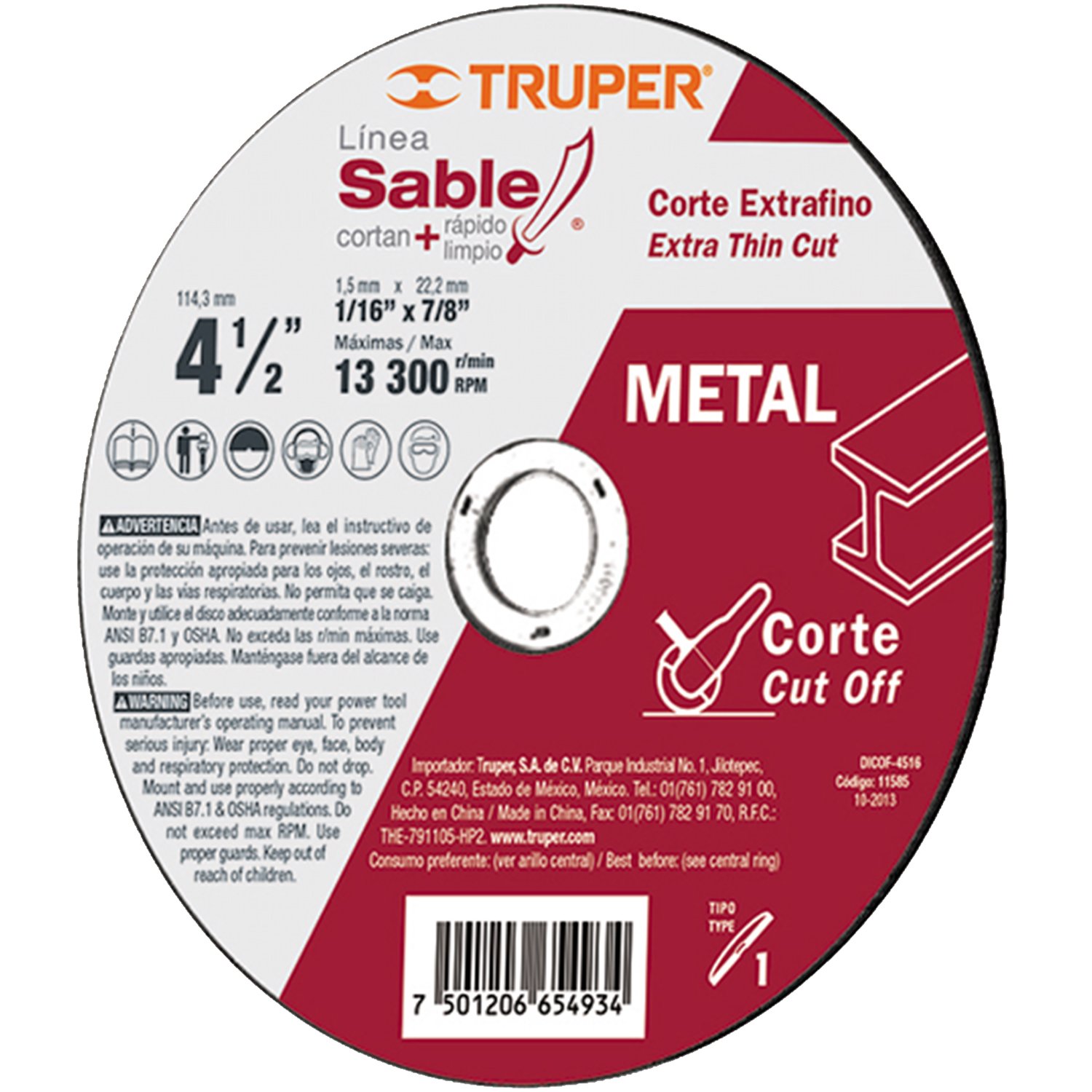 DISCO CORTE EXTRAFINO DE METAL, 4-1/2′, ESPESOR 1. (Truper)