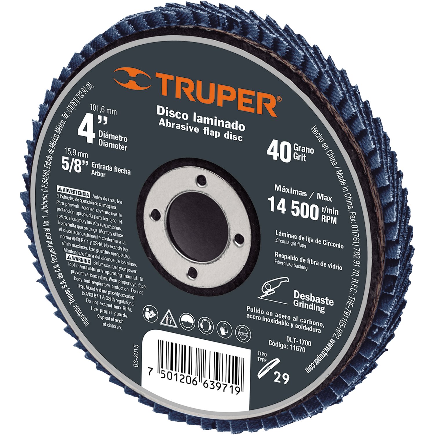 DISCO LAMINADO, 4′, GRANO 60, CENTRO 5/8′ (Truper)