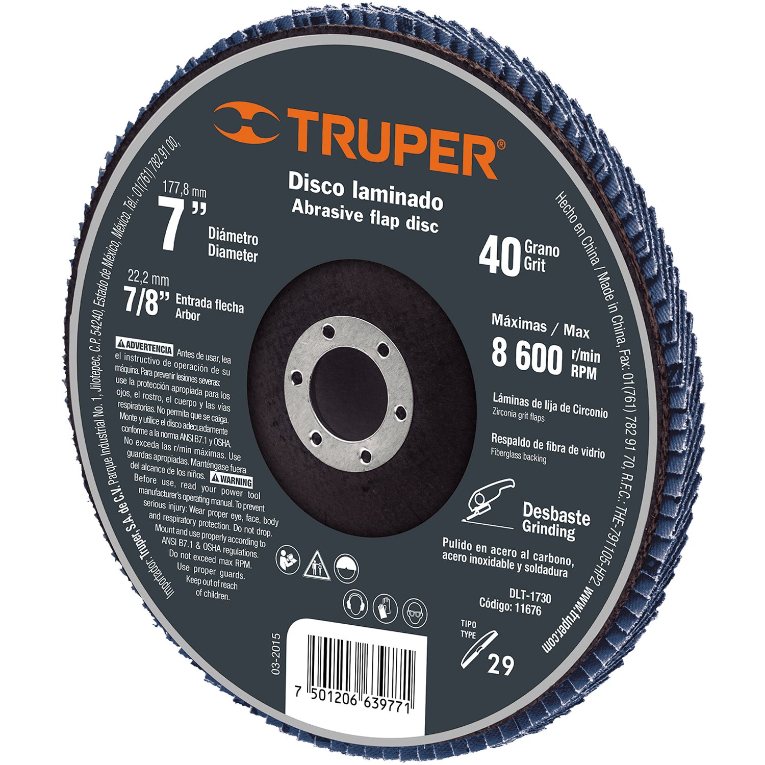 DISCO LAMINADO, 7′, GRANO 60, CENTRO 7/8′ (Truper)