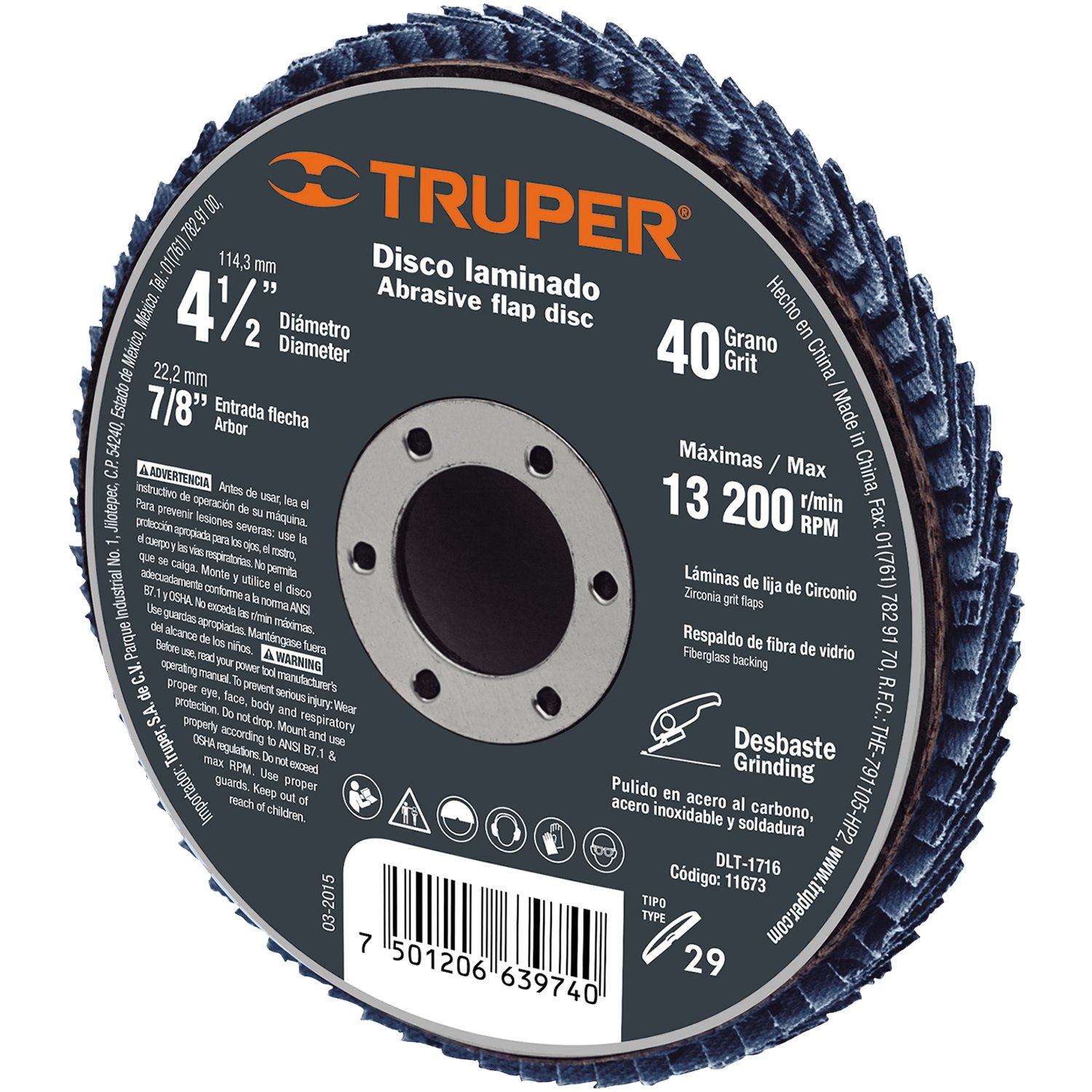 DISCO LAMINADO, 4-1/2′, GRANO 80, CENTRO 7/8′ (Truper)