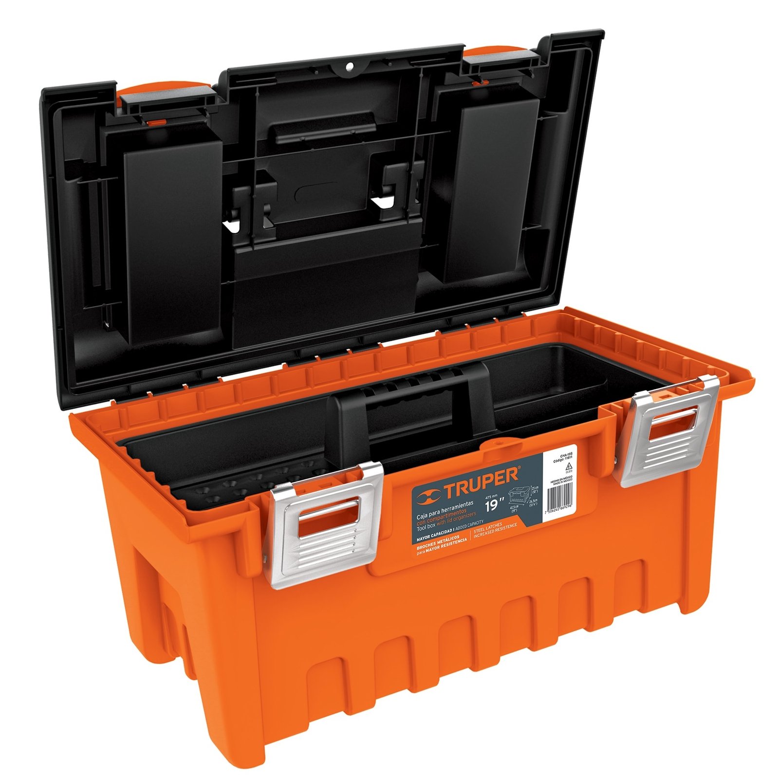 CAJA PLÁSTICA 19′ C/COMPARTIMENTOS, NARANJA, BROCH (Truper)