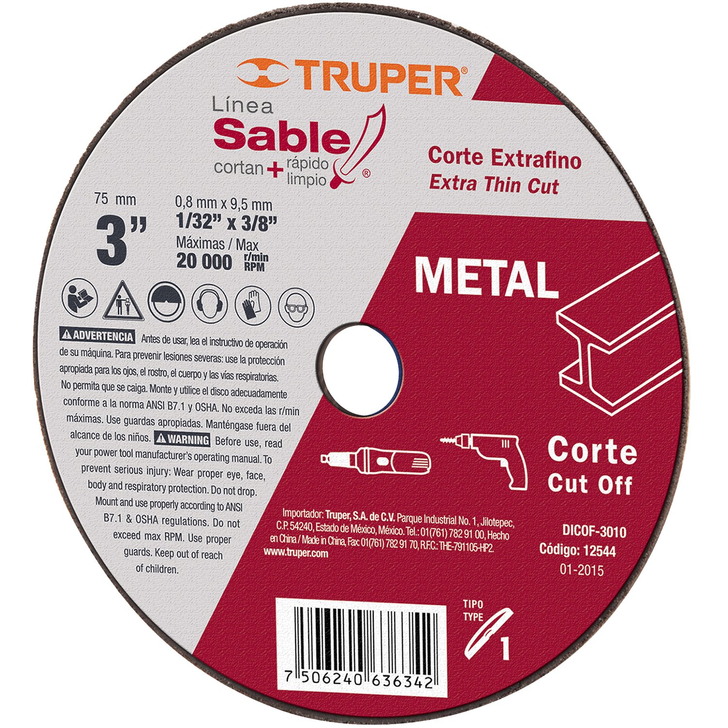 DISCO CORTE EXTRAFINO, EN METAL, TIPO 1, 3′ (Truper)