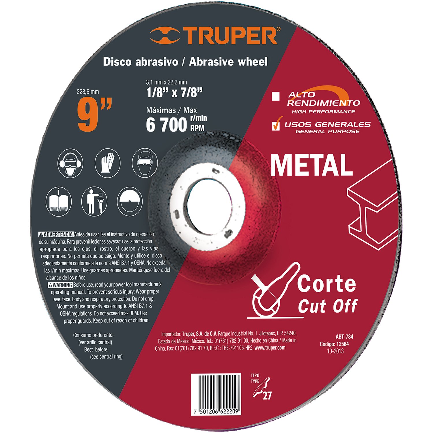 DISCO P/CORTE METALES 230X3.2X22 MM (Truper)