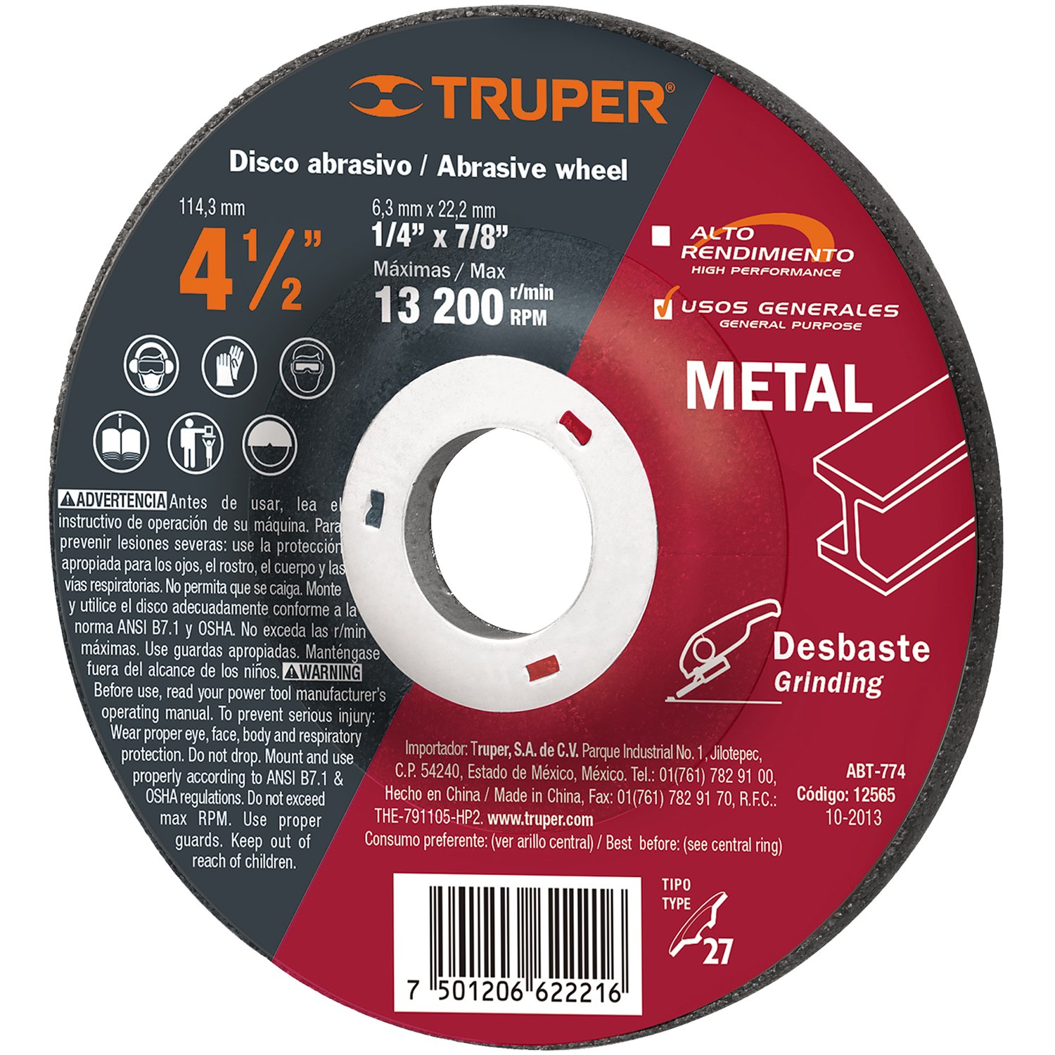 DISCO P/DESBASTE METALES 115X6X22 MM (Truper)