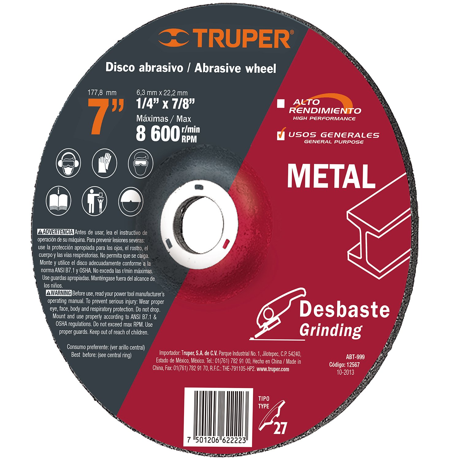 DISCO P/DESBASTE METALES 180X6X22 MM (Truper)