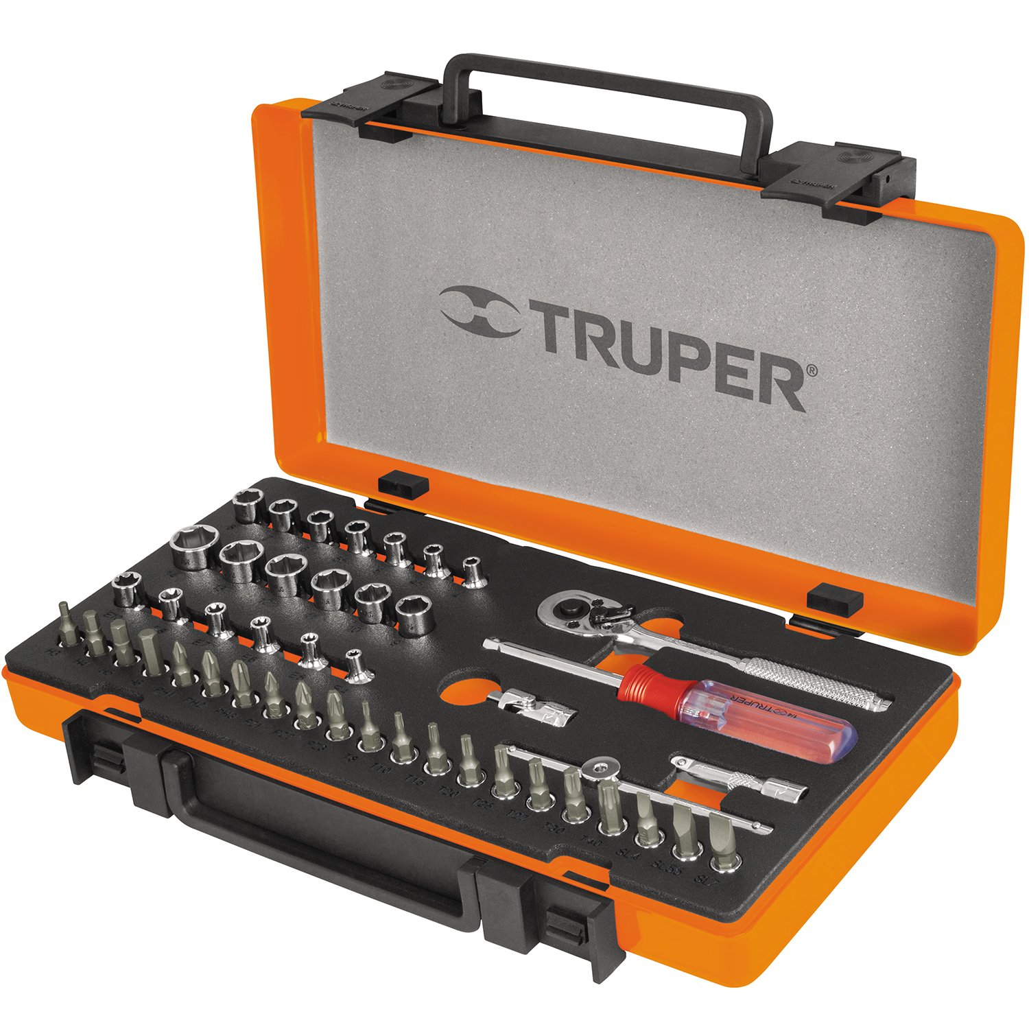 JUEGO DADOS Y PUNTAS 45 PZAS CUADRO 1/4′ (Truper)