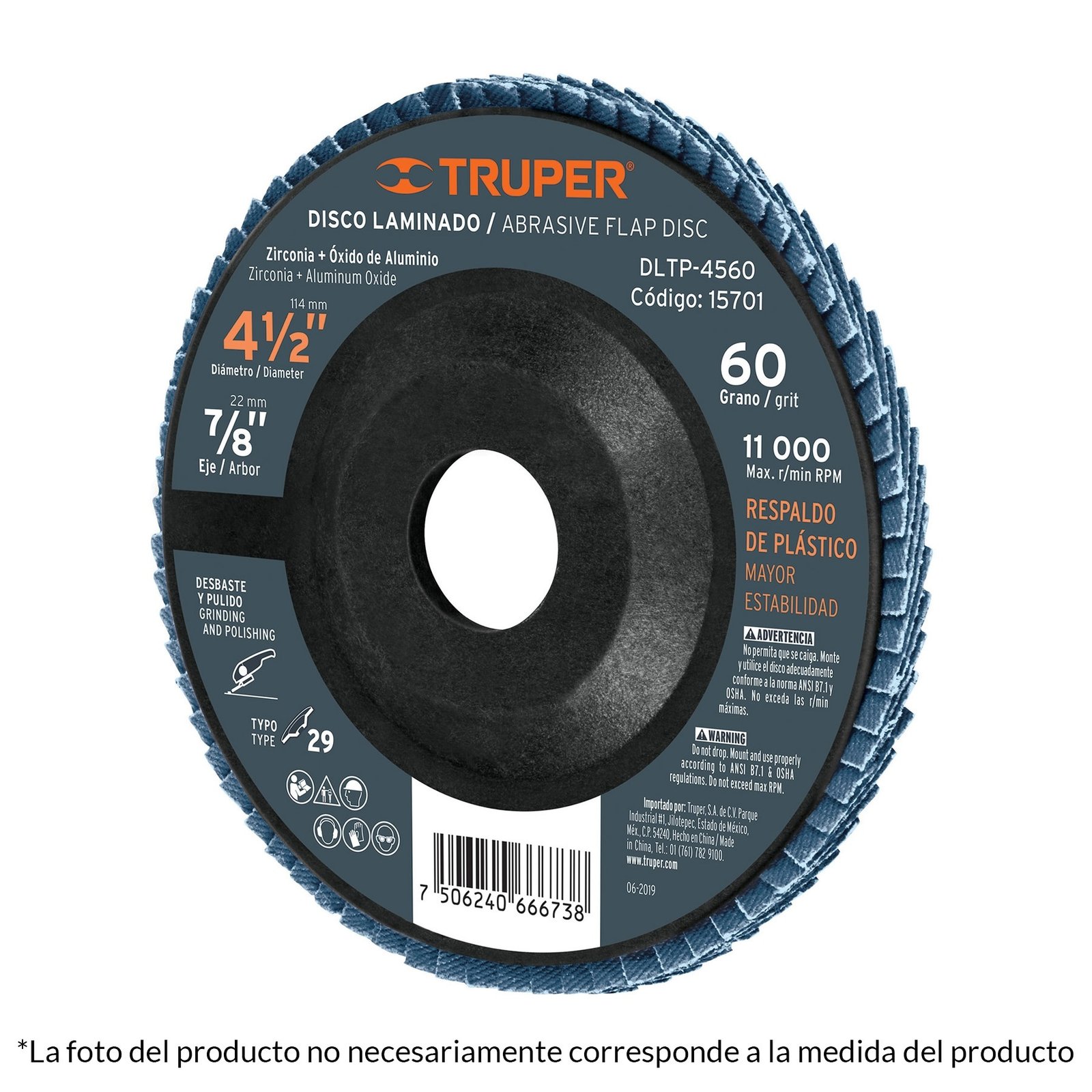 DISCO LAMINADO RESPALDO PLÁSTICO 4-1/2′,BARRENO 7/ (Truper)
