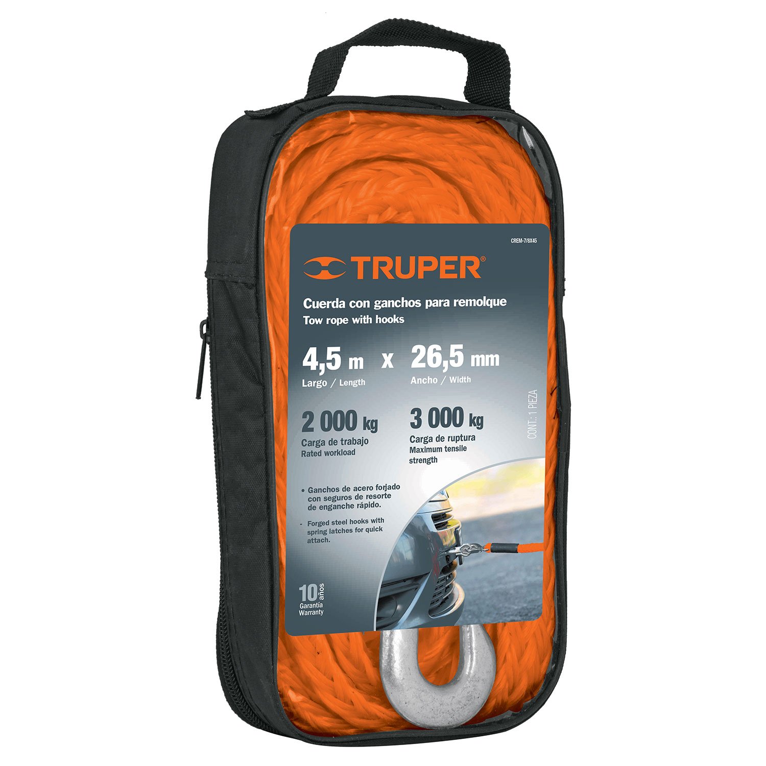CUERDA PARA REMOLQUE CON GANCHOS 7/8 X 4.5 M (Truper)