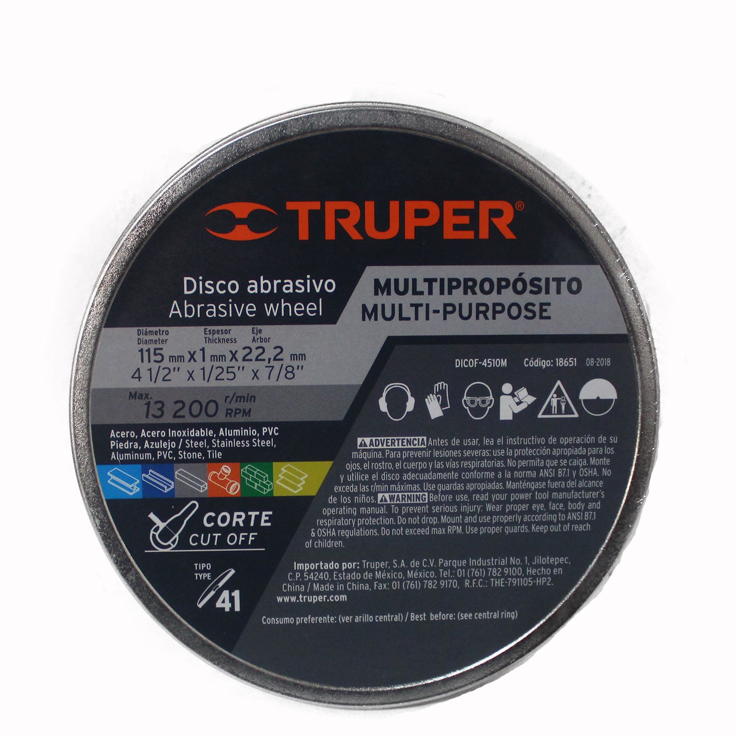 DISCO TIPO 1 PARA CORTE MULTIPROPOSITO LINEA SABLE (Truper)