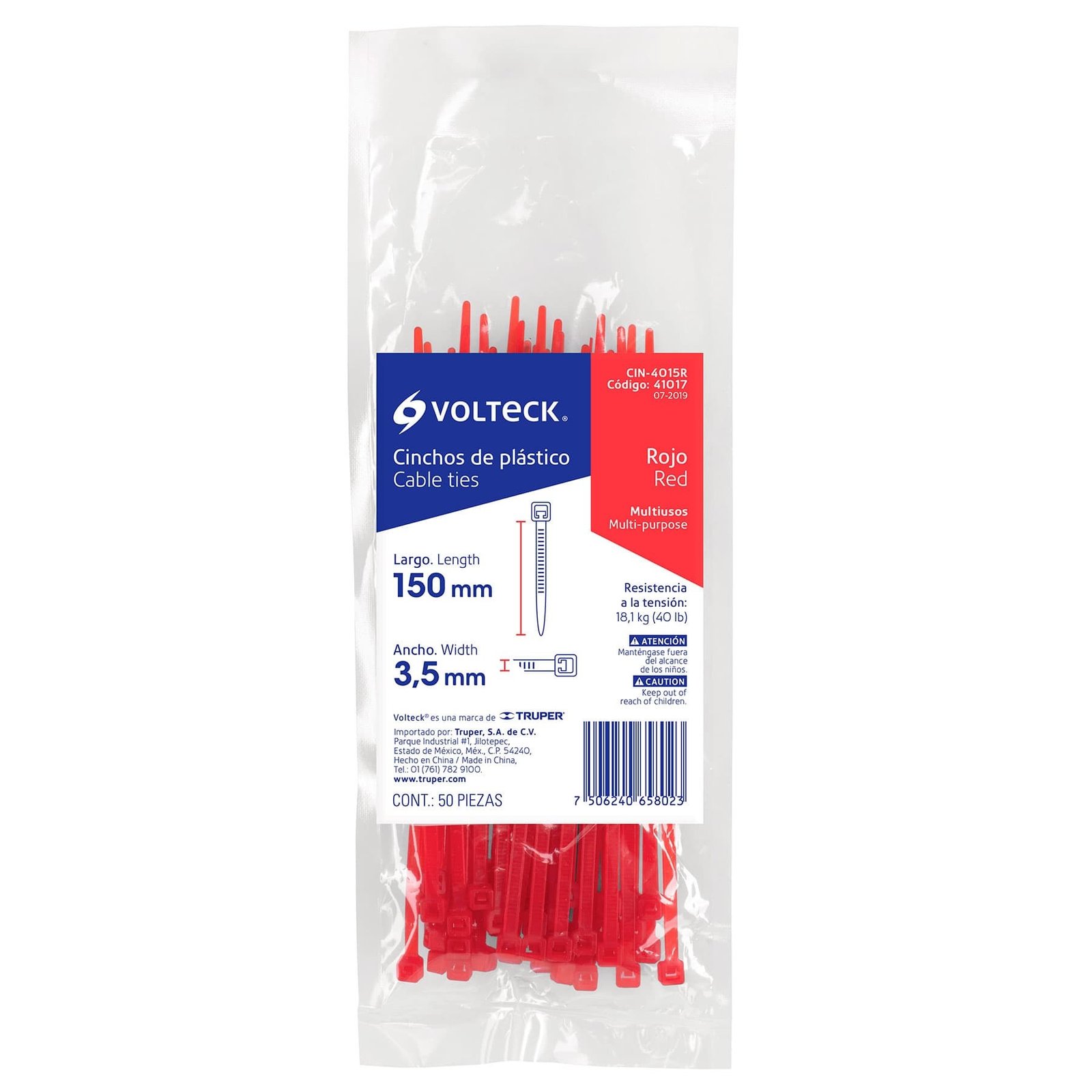 CINCHO PLÁSTICO ROJO 40 LB, 15 CM BOLSA CON 50 PIE (Truper)